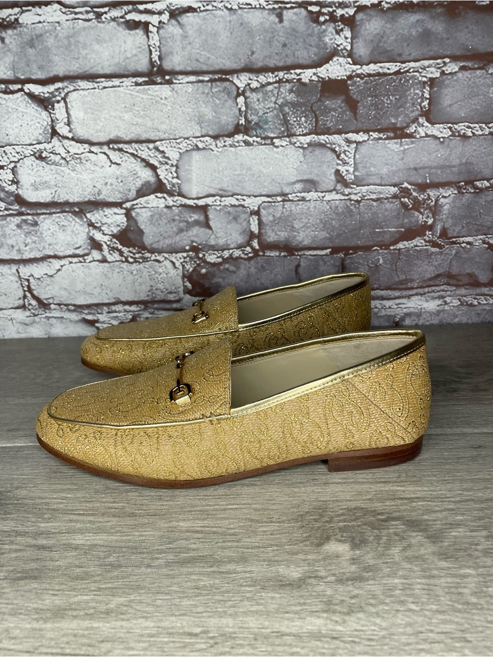 Sam Edelman Loraine Gold Synthetic Leather Tan Raffia Loafers women sz 38EU/7.5M